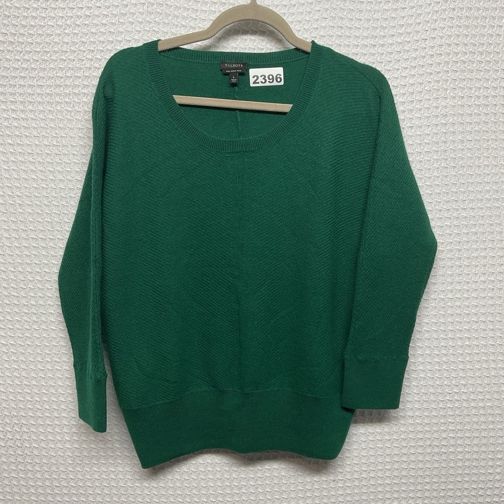 Talbots Womens‎ Pure Merino Wool 3/4 Sleeve Scoop Neck Green Sweater Size Large
